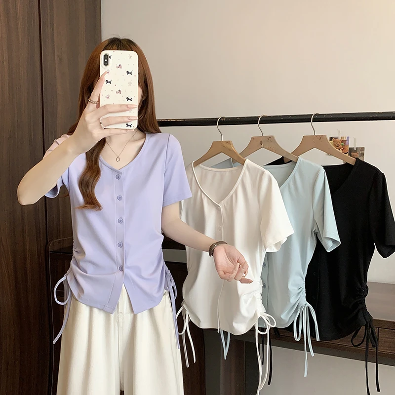 【圈圈】2025夏装新款胖mm大码女时尚设计感抽绳v领不规则短袖T恤