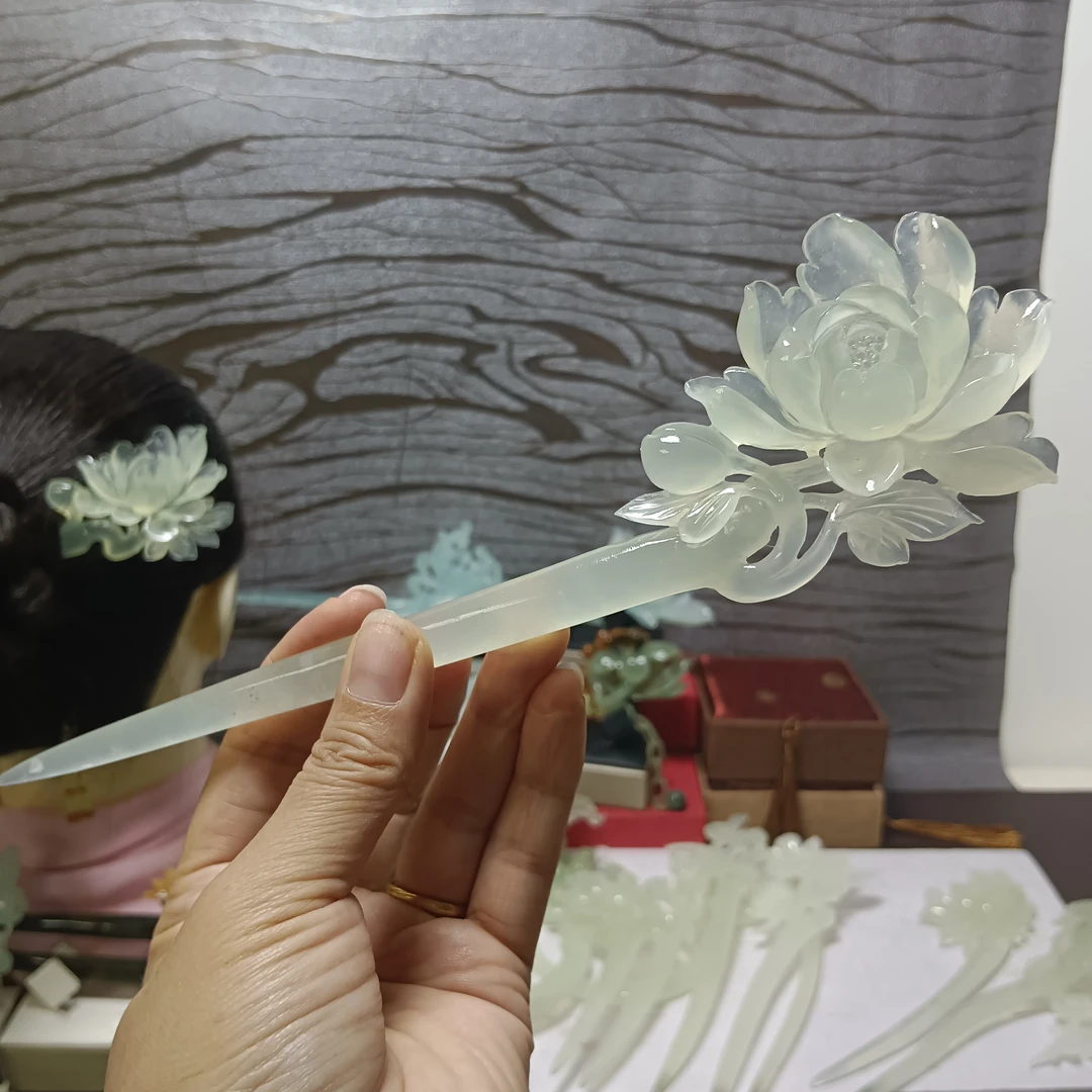 岫玉高品质牡丹花发簪，古风汉服精美配饰，手工雕刻，天然岫玉发簪