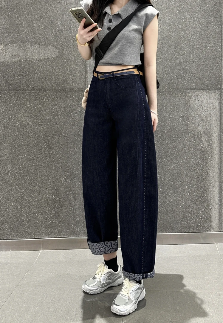 2025夏季薄款丹宁蓝弯刀裤九分窄版高腰显瘦百搭阔腿牛仔裤女