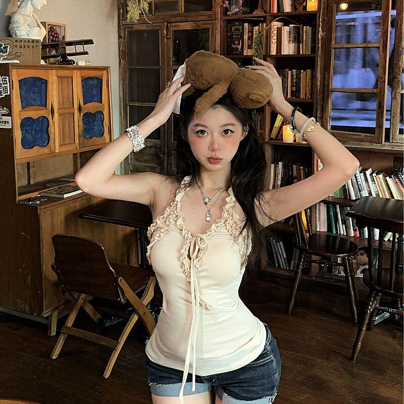 纯欲风性感辣妹V领气质木耳边挂脖露背吊带背心无袖修身上衣