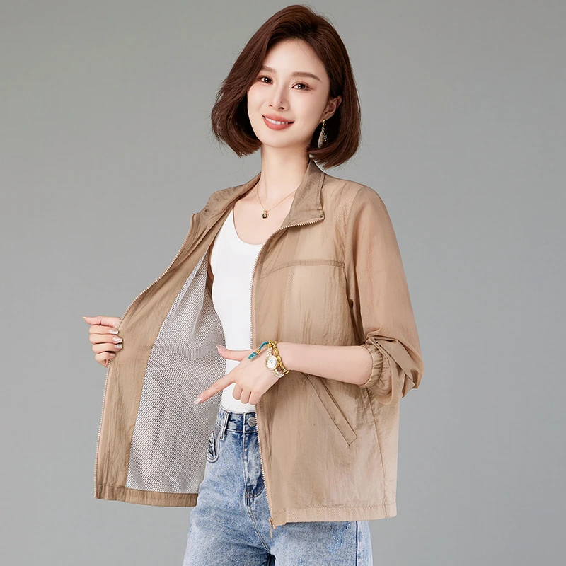 双层夏季薄款防晒衣翻领中年女装长袖大码百搭时尚休闲中年短款衣