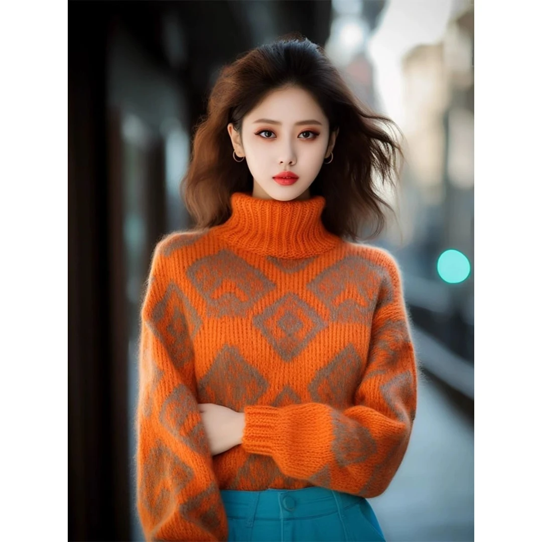 La Chapelle/拉夏贝尔秋冬南瓜色上衣绞花针织衫橘色提花毛衣上衣
