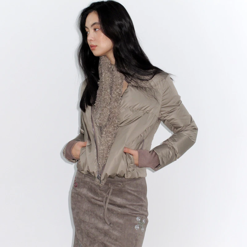 Mito de dar90白鸭绒合身收腰立领短款羽绒服冬季外套 皮草围巾