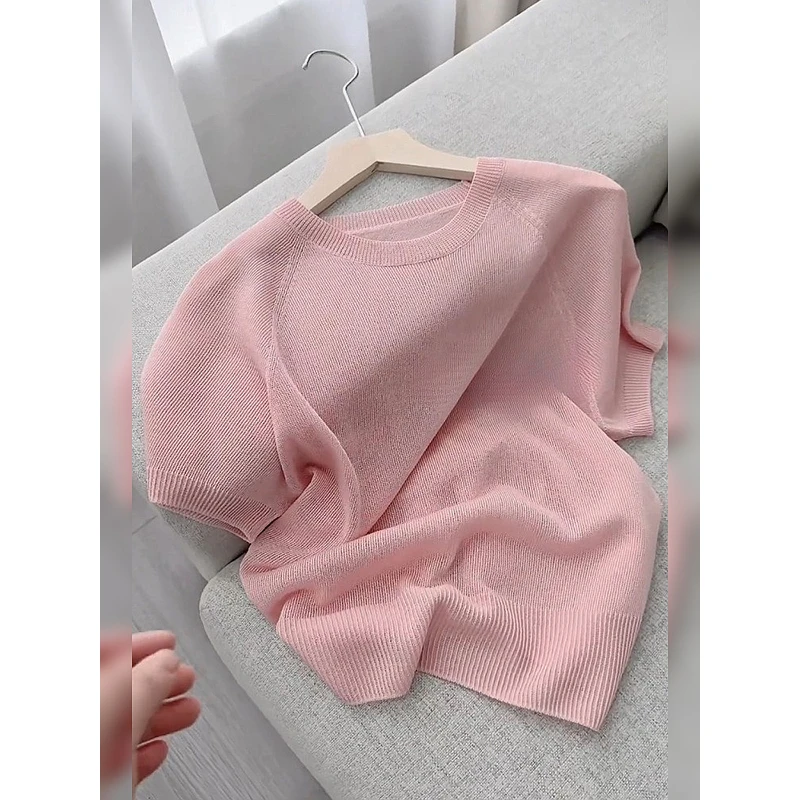 夏日漂亮高级小众不撞款韩系独特绝美粉色休闲短袖小上衣女薄透款