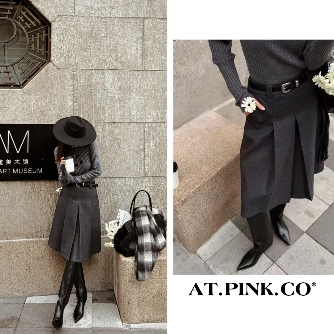 【三三品牌】整齐工字褶格雷系穿搭显瘦洋气秋冬中裙 FQ409