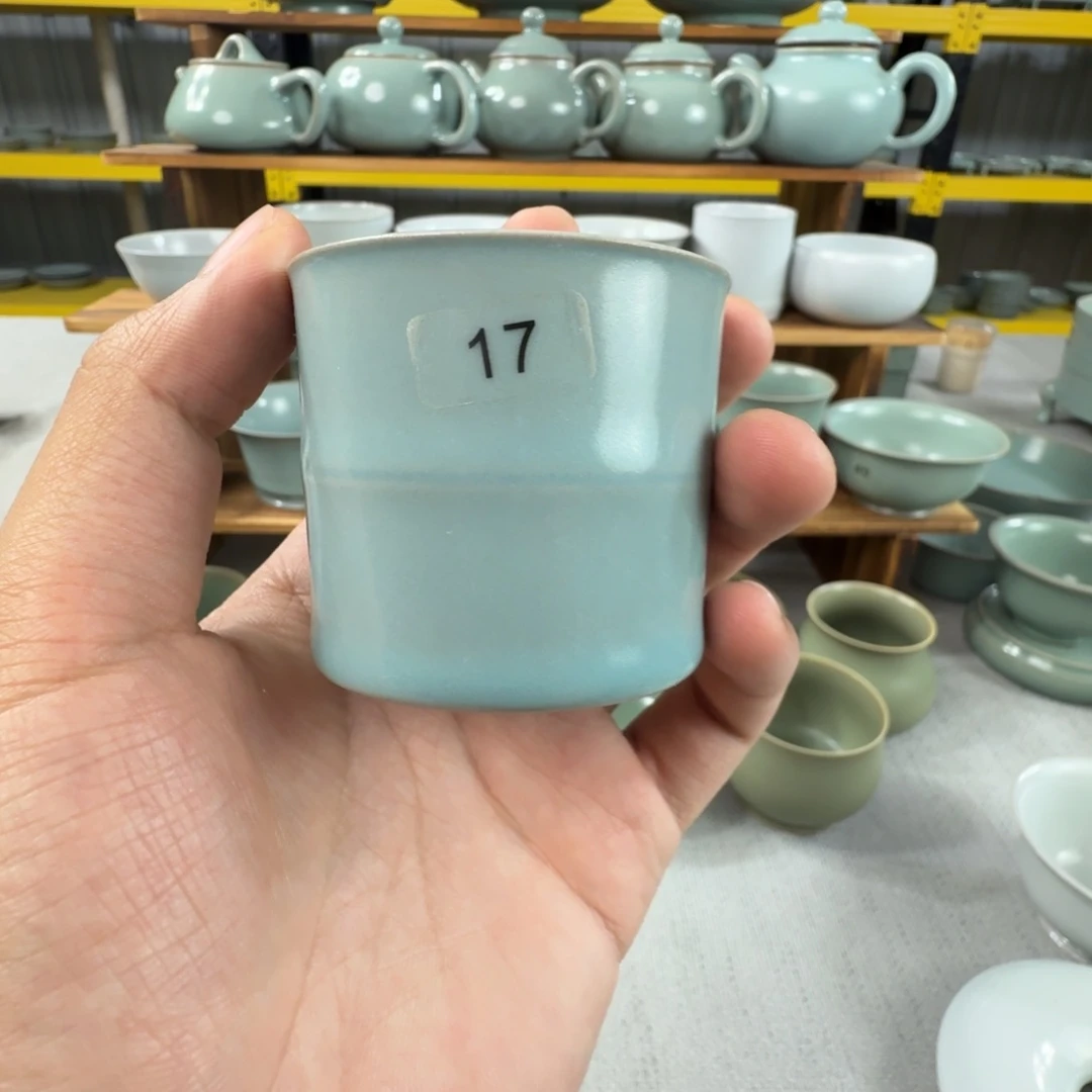 摆件二级仿古天青薄胎竹节杯
