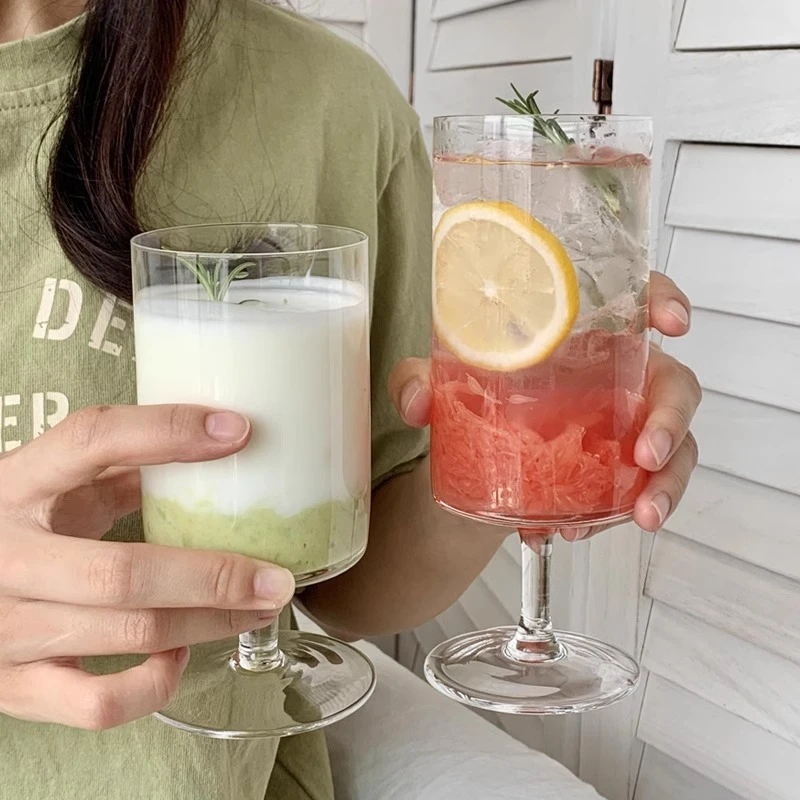 果汁高脚杯ins奶昔杯玻璃饮料杯家用网红新款水杯高颜值气泡水杯