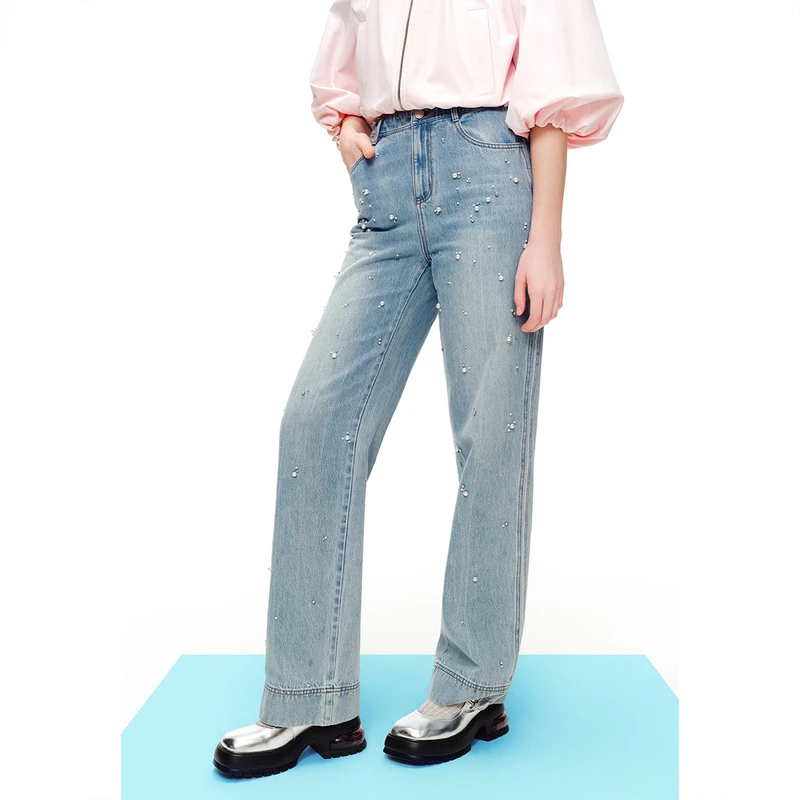 SALT.P可颜蓝色珍珠宽松休闲设计感百搭水洗女牛仔裤AC34120280