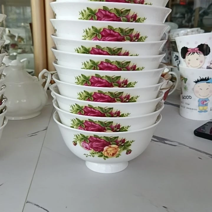 10个骨质瓷玫瑰贴花口径14厘米高7厘米汤饭碗