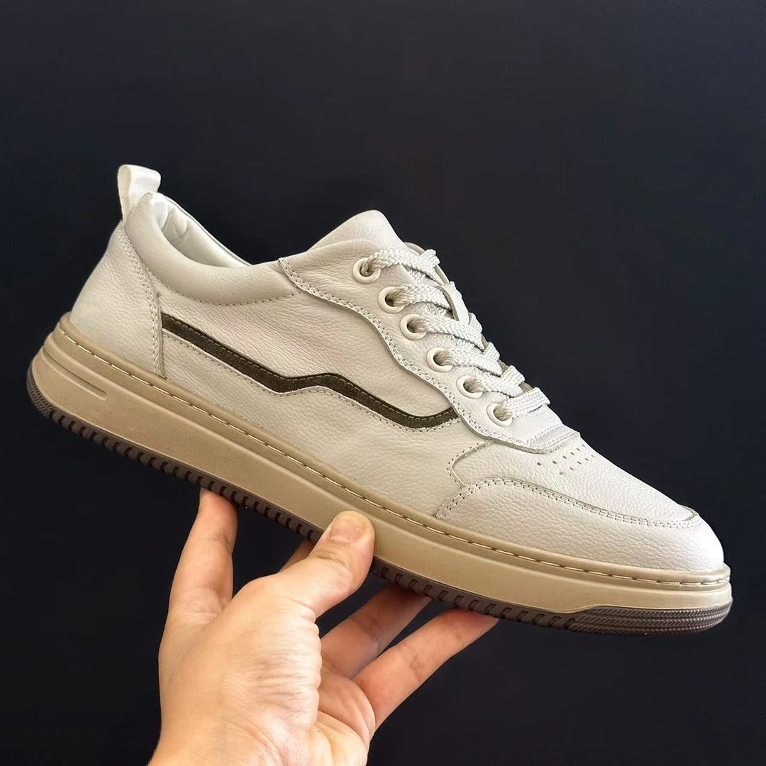 头层牛皮车缝线低帮圆头时尚休闲鞋潮鞋透气秋季鞋子男士百搭男鞋