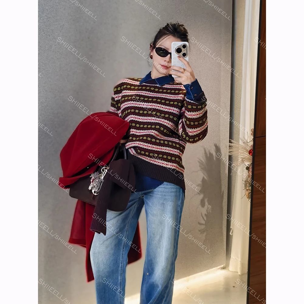 SHIIEELL【费尔岛叙事】秋冬厚款圆领毛衣百搭撞色提花针织衫Z7597