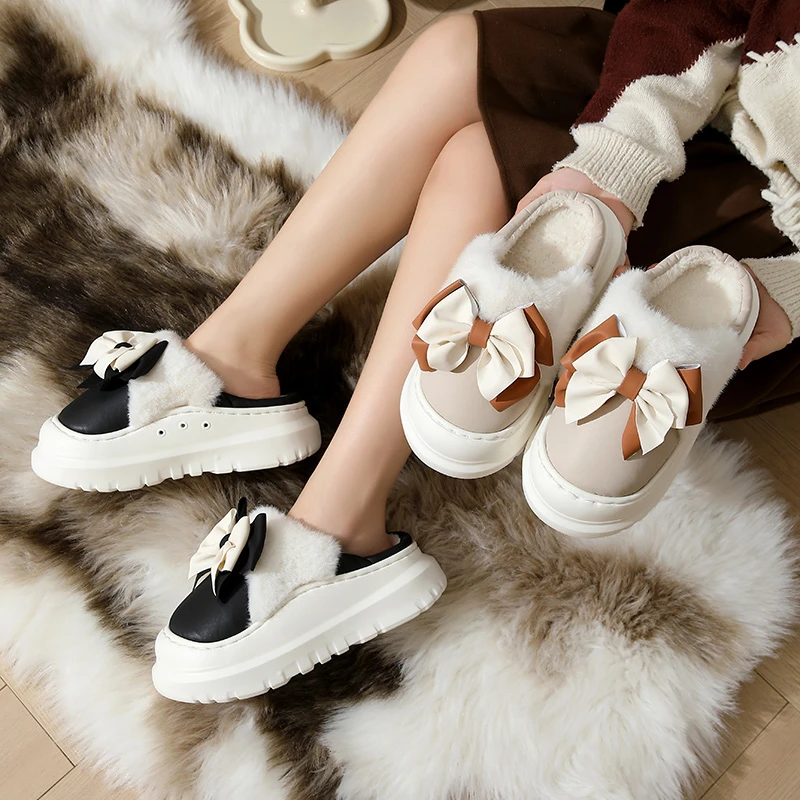 2025冬季厚底棉拖鞋女时尚蝴蝶结外穿加绒保暖防滑居家室内棉鞋