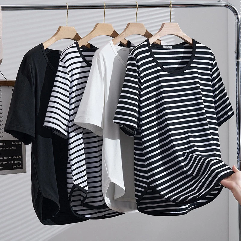 大码夏季260斤孕妇装短袖t恤宽松遮肚圆领正肩条纹半袖纯棉加肥