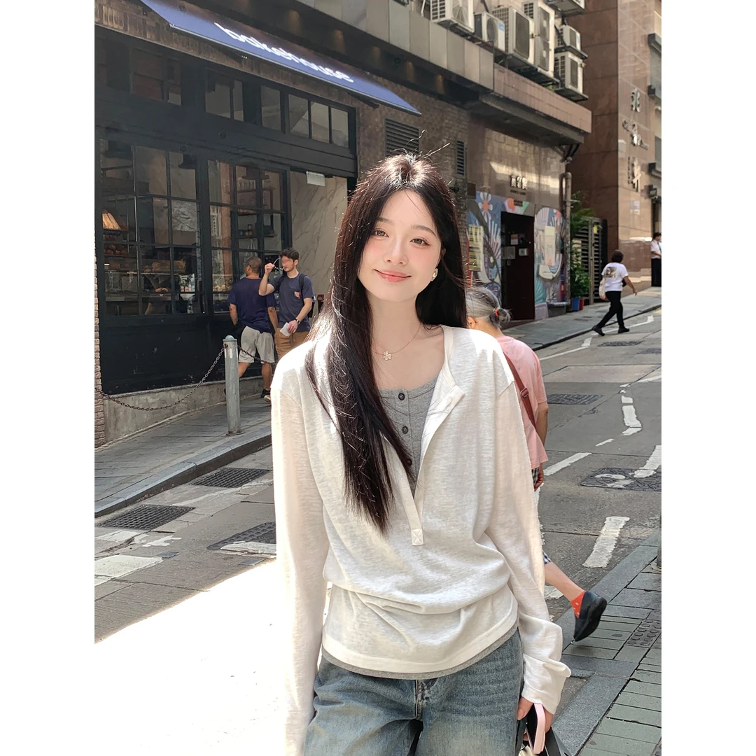 夏诗文 雪花棉假两件撞色长袖T恤女秋宽松慵懒上衣