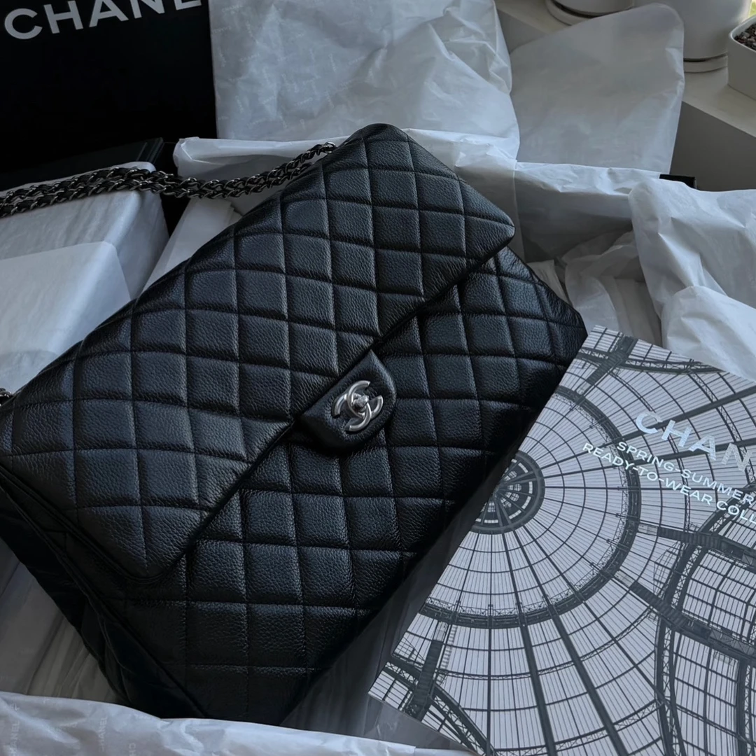 99新 Chanel/香奈儿 黑银cf鱼子酱XL机场包芯片40cm/DJZK
