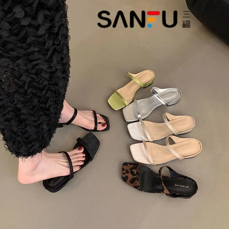 三福夏季法式一字带粗跟鞋银色凉拖鞋新中式凉鞋配裙仙女鞋低跟鞋