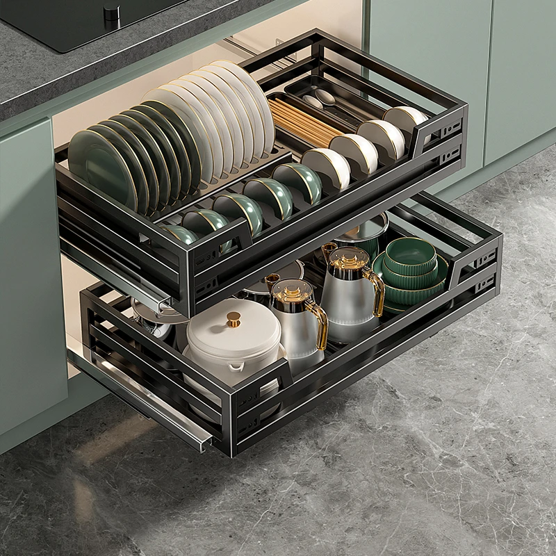 百悍拉篮碗篮厨房橱柜双层304不锈钢抽屉式家用碗碟碗盘收纳篮