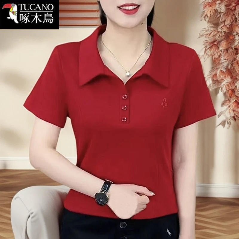 啄木鸟新款短袖简约T恤2025年夏季女装洋气小众POLO领刺绣上衣ins