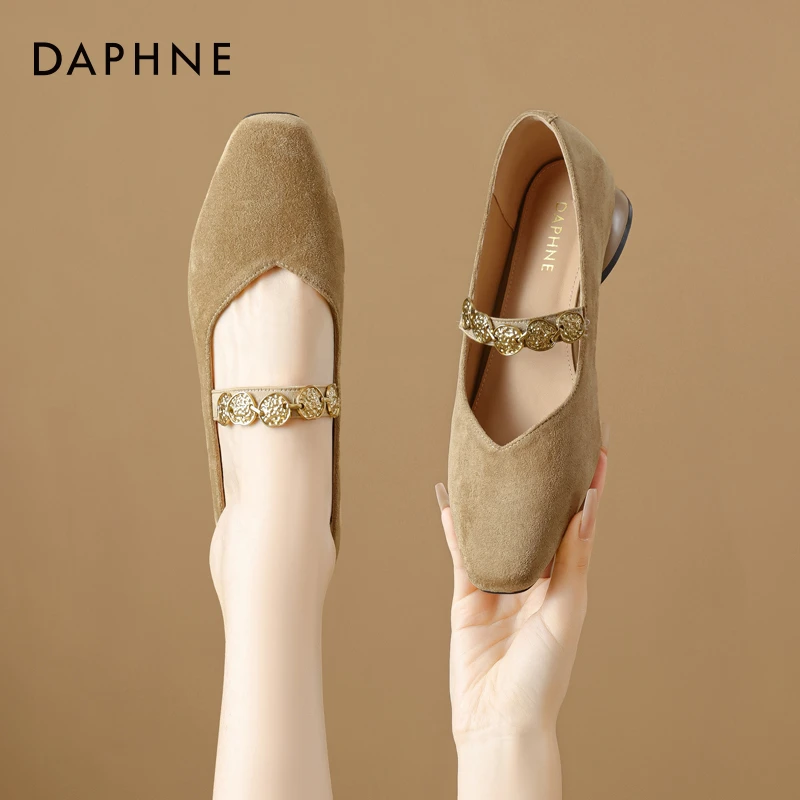 达芙妮方头金币链玛丽珍鞋女2026春新款舒适百搭一脚蹬粗低跟单鞋