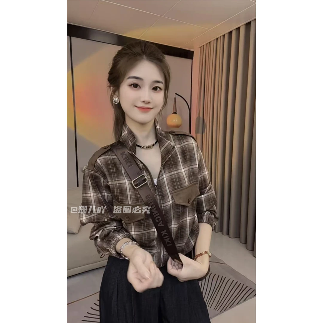 小个子短款格子衬衫外套女春秋款宽松显瘦百搭polo领长袖开衫上衣