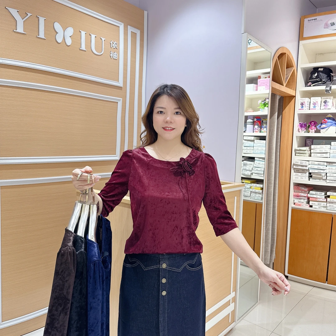 南韩气质上衣5-6380秋高档丝绒五分袖圆领女百搭时尚长/58厘米