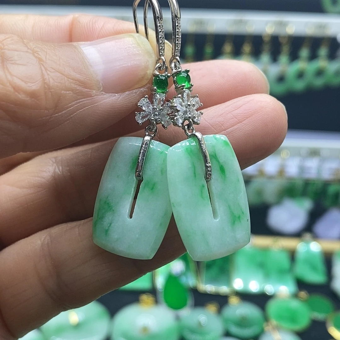 翡翠银S925镀金镶嵌耳饰耳饰