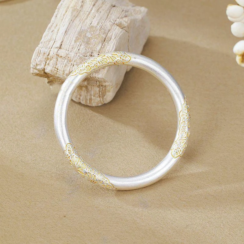 足银手镯 47 【描金唐草纹】足银手镯999.9磨砂手镯东方雅韵静谧