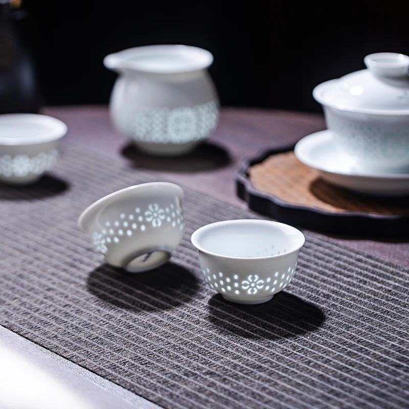 府前景德镇纯白青茶玲珑瓷茶具套装高白瓷釉下彩高温瓷盖碗YTZ