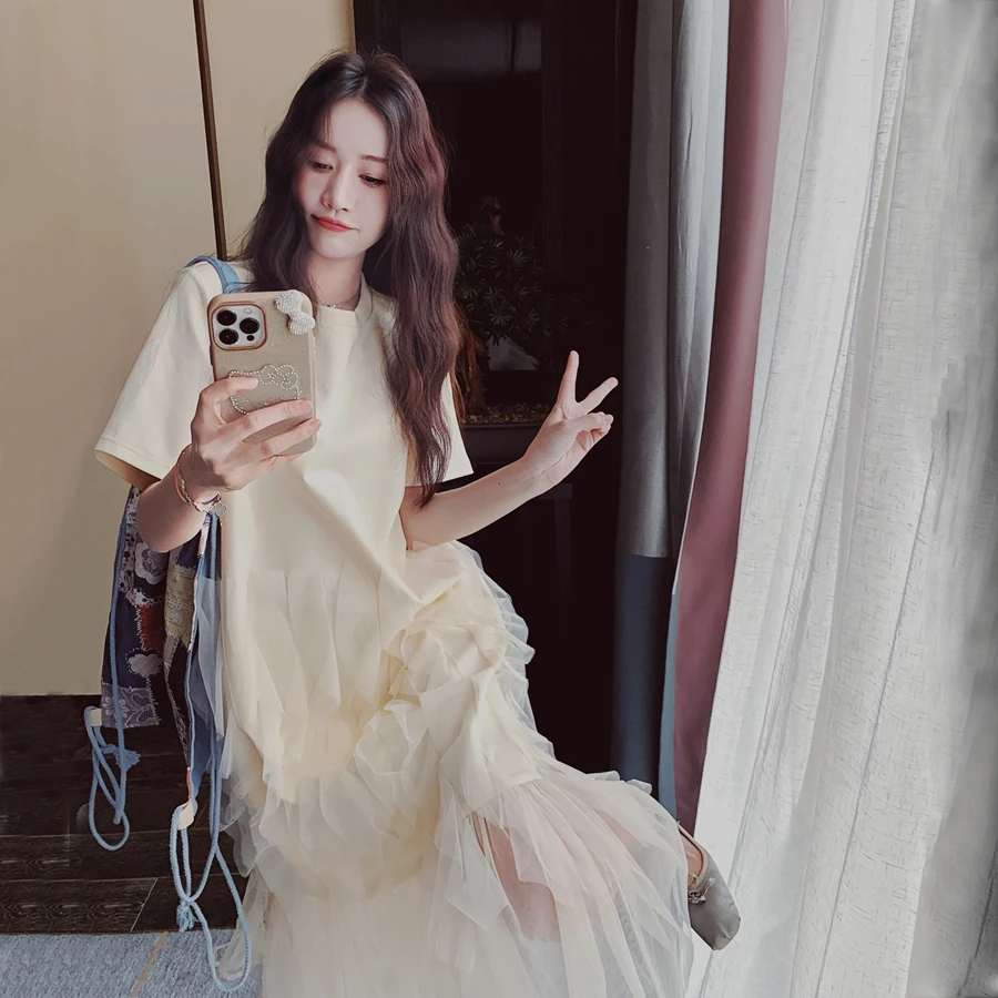 蛋糕裙圆领T恤裙拼接连衣裙女装名媛夏季气质优雅公主小个子减龄
