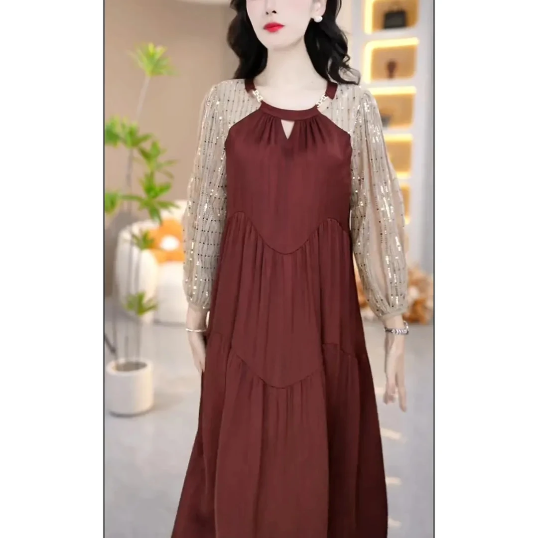 时尚长袖连衣裙2025秋季新款气质宽松显瘦设计感亮片拼接休闲裙子