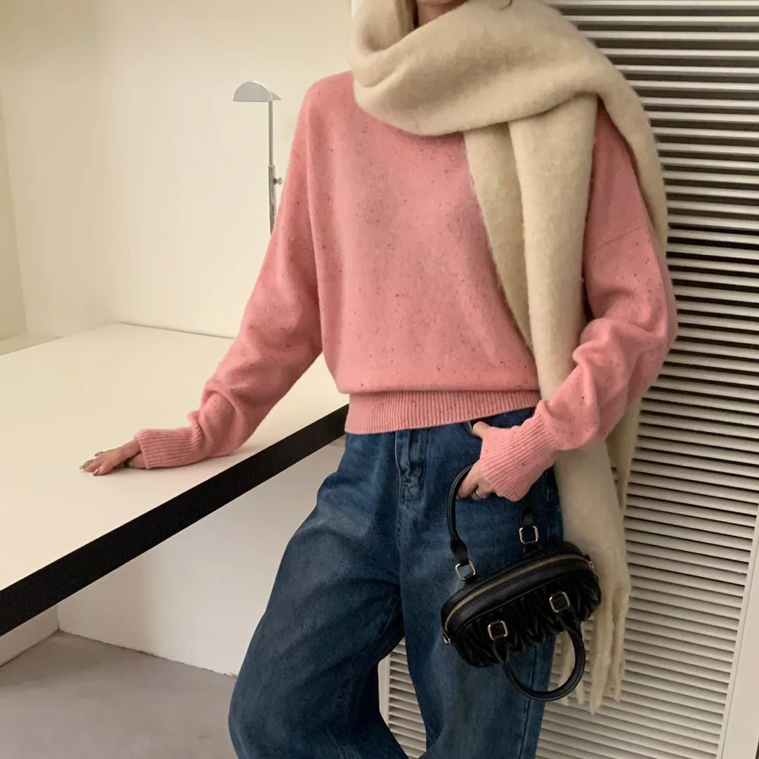 全毛100绵羊毛无缝圆领套头彩点软糯毛衣慵懒风长袖针织衫上衣