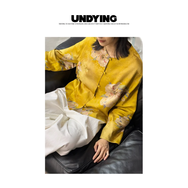 UNDYING 金黄色新中式国风印花盘扣外套