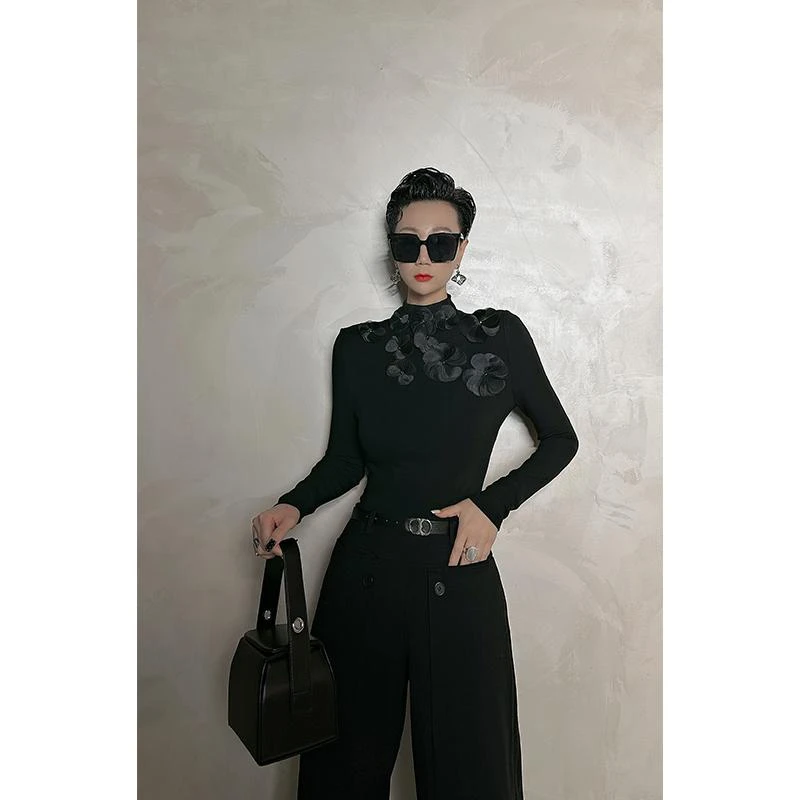 Dan Dan 高级感立体花朵修身打底衫女 秋冬新款黑色长袖T恤