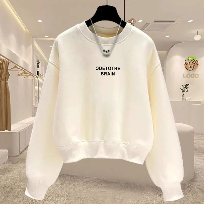 圆领套头短款卫衣女加绒加厚秋冬长袖上衣高腰显瘦小个子春秋薄款