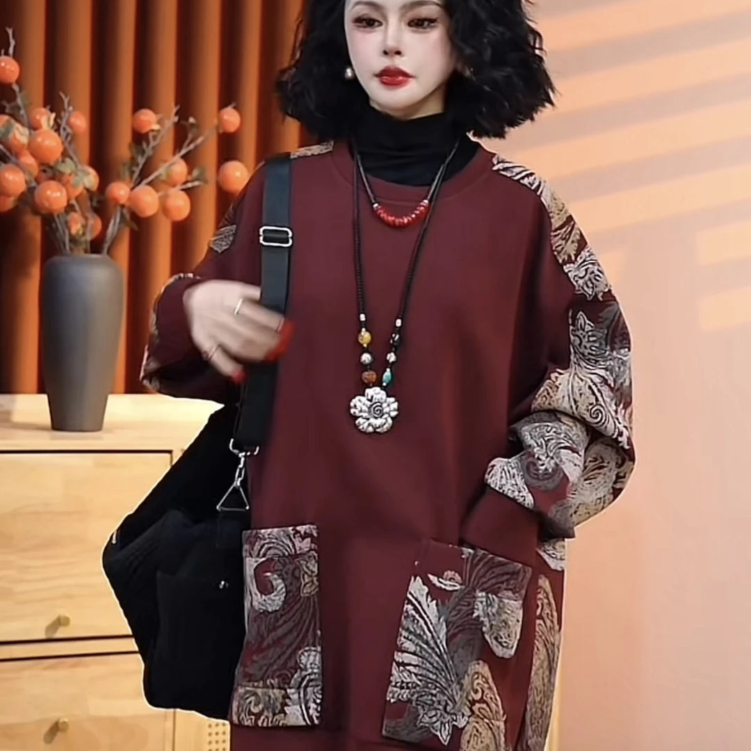 2024冬季新款印花中式复古保暖宽松大版圆领女款长袖卫衣25914