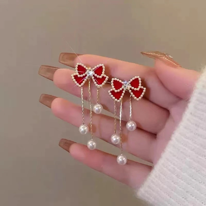 合金耳饰 红色蝴蝶结珍珠ins气质流苏耳环小众新款喜庆高级感气