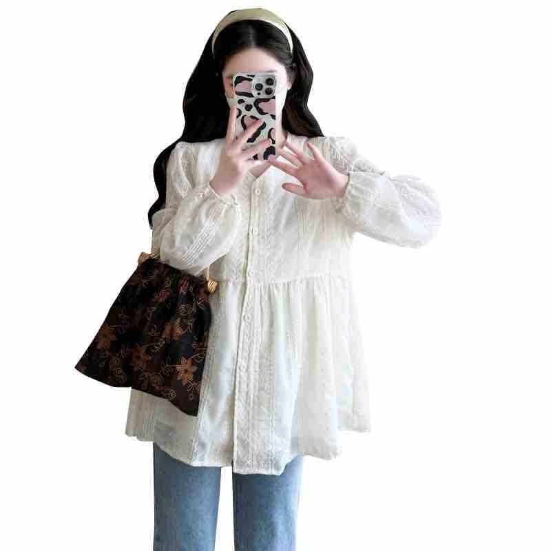 7330孕妇春装上衣长袖v领蕾丝刺绣小香风娃娃衫宽松2025新款春季