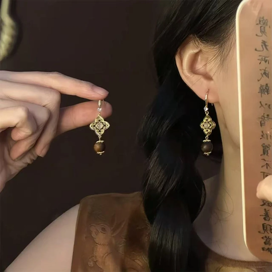 铜合金耳饰 弦窗秋珀新中式复古耳坠女旗袍耳环国风独特漂亮耳钉
