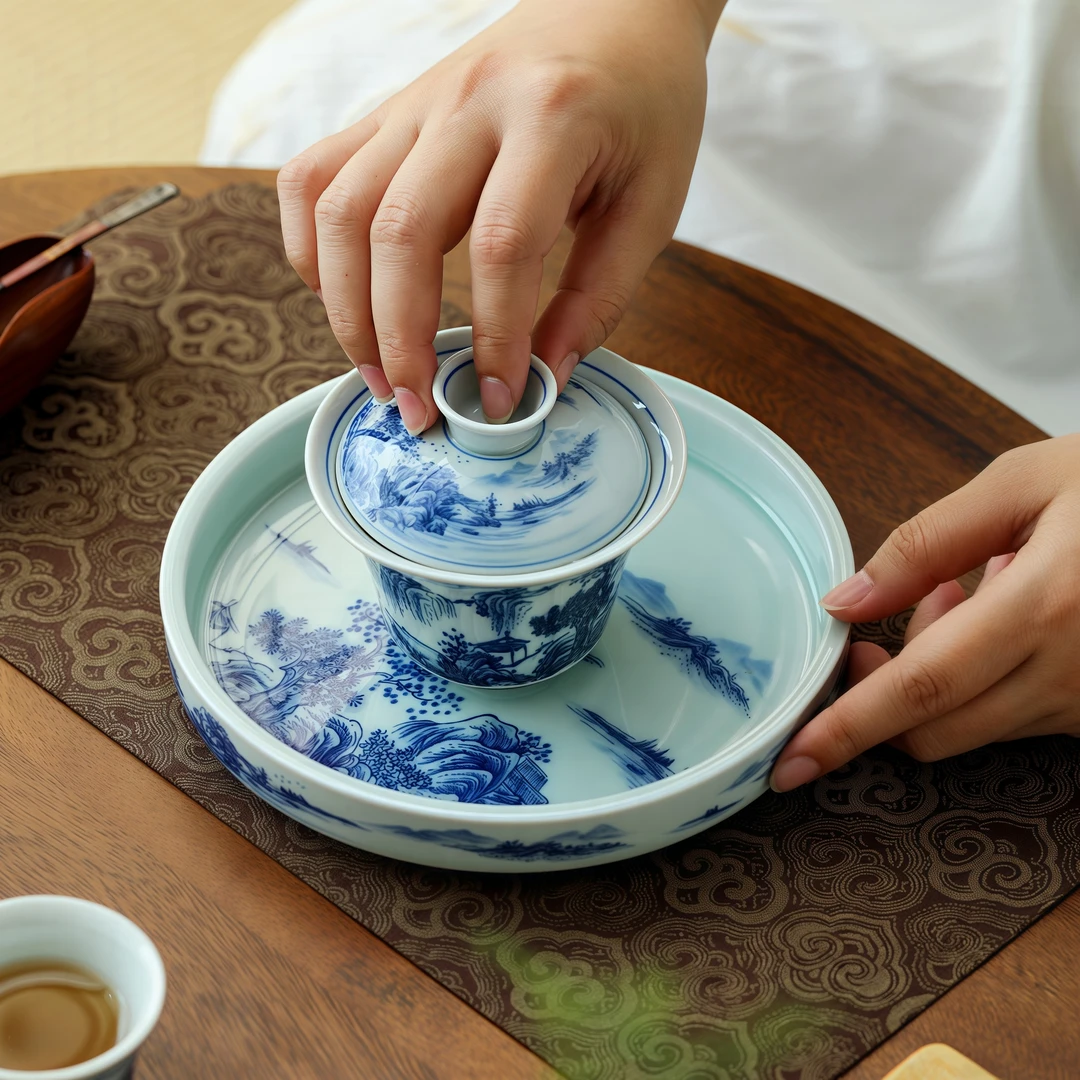 复古青花三才盖碗旋转悬停防烫陶瓷茶碗手绘茶具中式禅意高级感