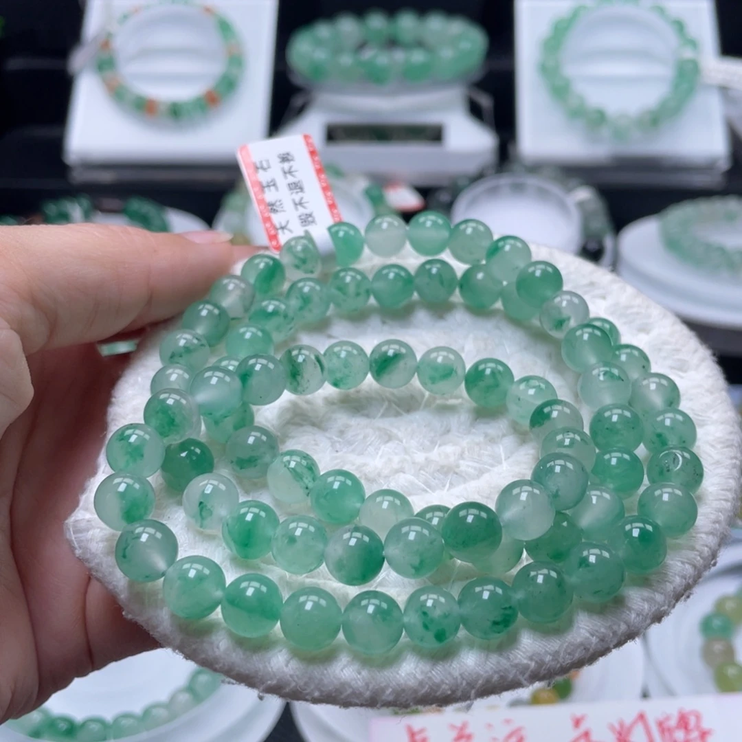 石英质玉（非洲翠）未镶嵌手串卡8，高冰飘阳绿项链80颗