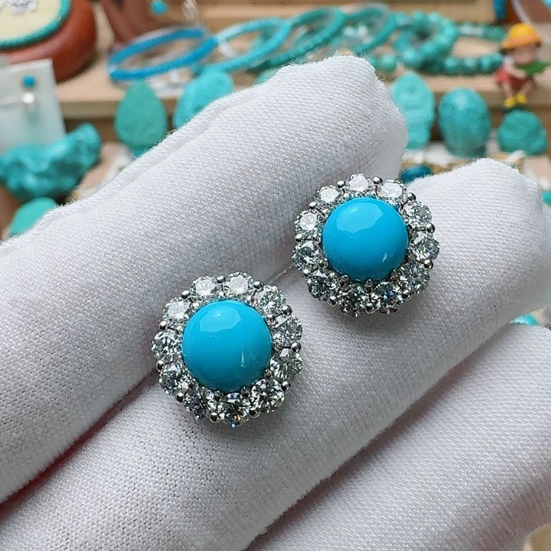 绿松石银S925镶嵌高瓷高蓝大耳钉