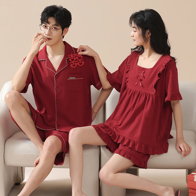 2套价 100%纯棉新婚结婚情侣睡衣夏季短袖喜庆红色男女家居服套装