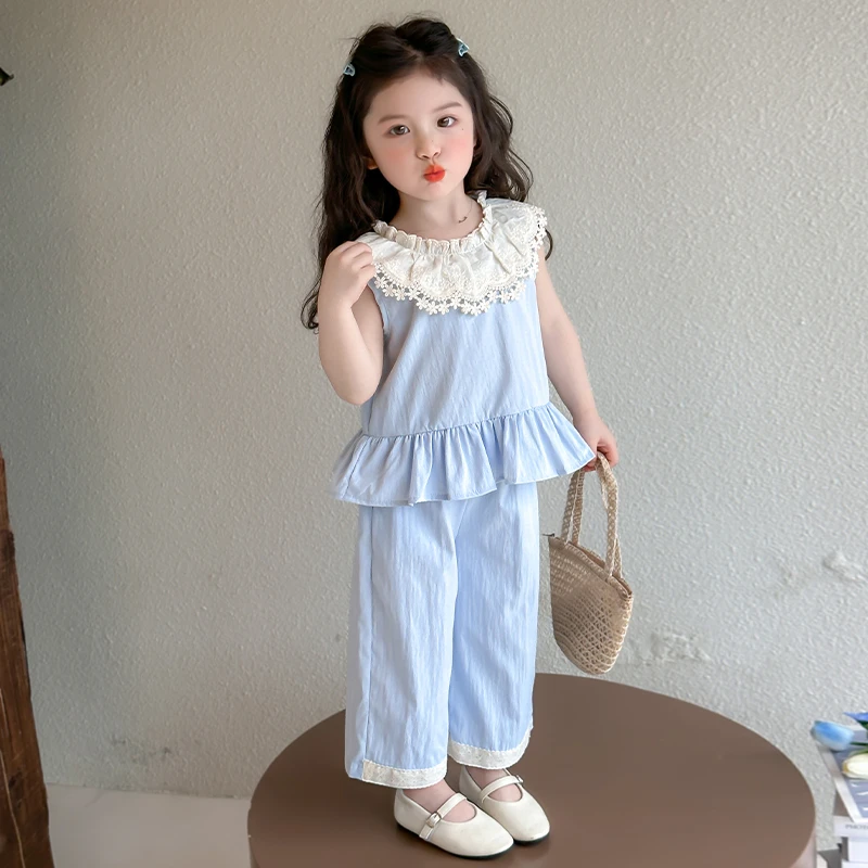 【NiKKO小熊】夏季女童薄款甜美夏装可爱花边领洋气蓝色套装儿童