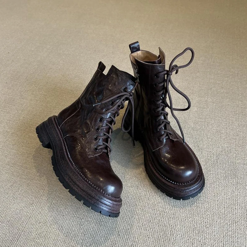 羊皮版~系带马丁靴英伦风新款复古侧拉链圆头秋冬机车厚底短靴女