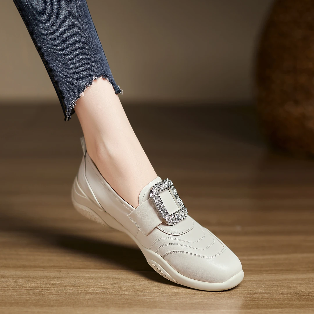 2cm~真皮乐福鞋女新款一脚蹬女鞋百搭软底休闲小白鞋舒适深口单鞋