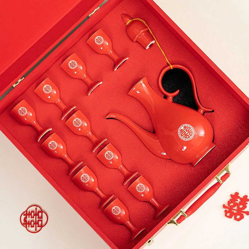 结婚陶瓷酒具套装中式婚礼新人交杯酒双喜酒壶喜杯婚宴敬酒杯托盘