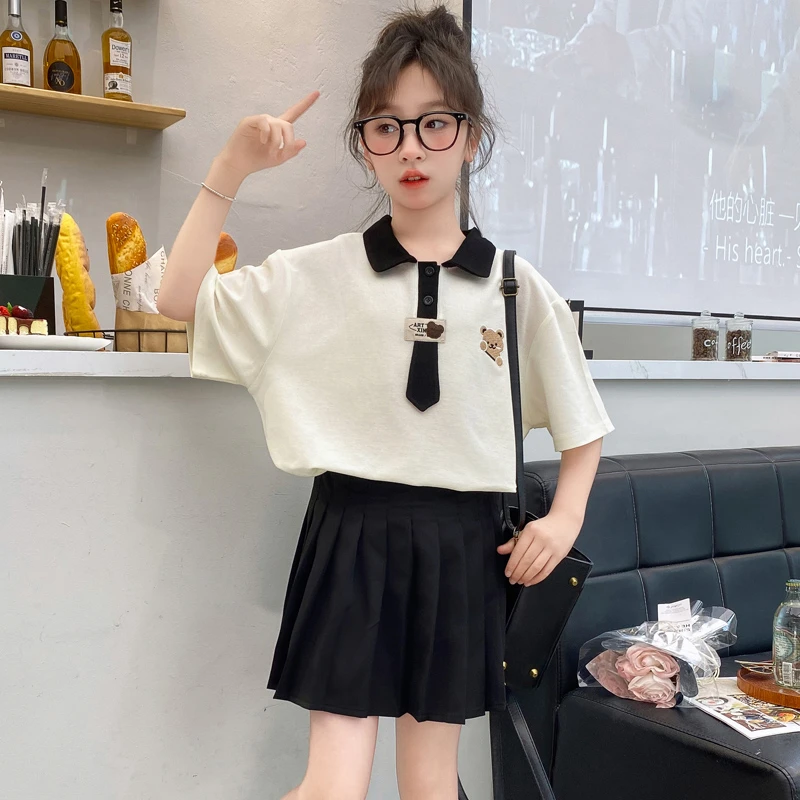 女童夏季夏装连衣裙洋气白色大童Polo衫儿童学院风女女大童外套