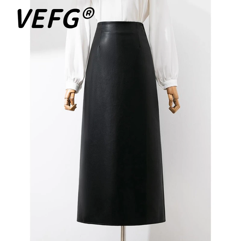 VEFG秋季后开叉皮裙直筒半身裙女中长款高腰a字包臀裙一步裙子女