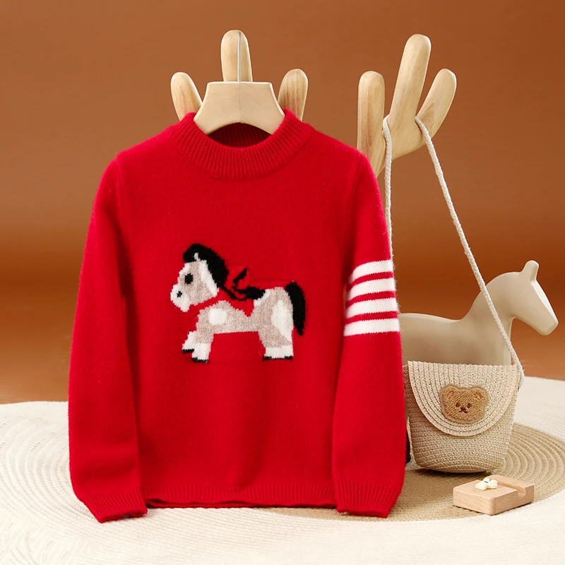 红色新年款小马100%纯羊毛半高圆领加厚毛衣男女童圣诞打底针织衫