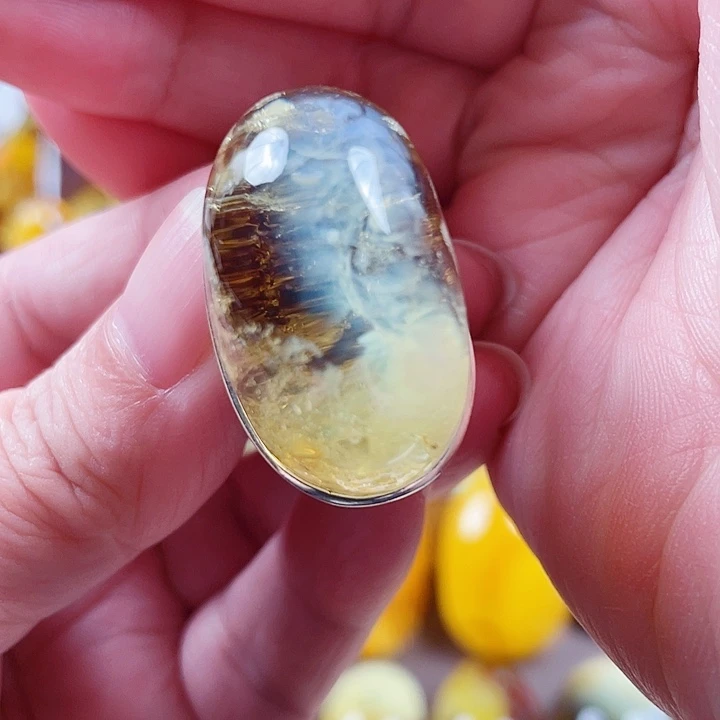 琥珀银S925镶嵌裸石戒指